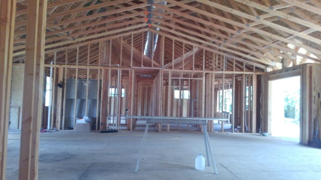 Inside view of house framing and infrastructure for roof and walls