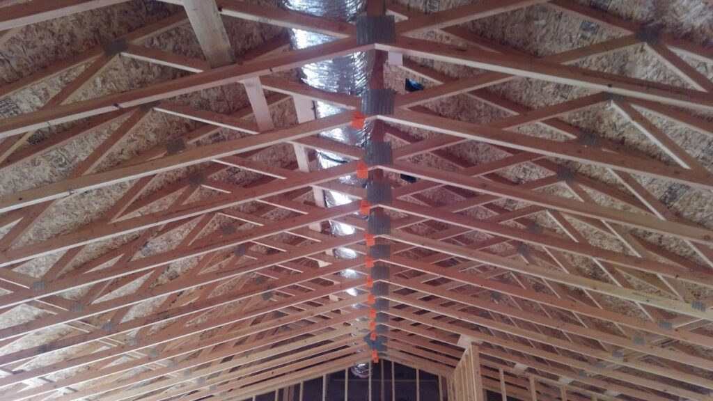 Inside framing of a house's roof and infrastructure support
